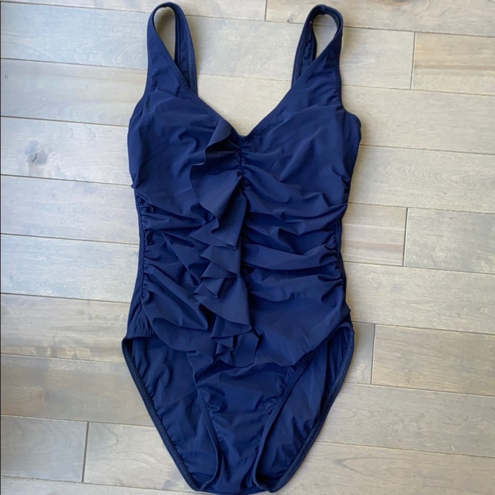 Classic Navy Ruffle One-Piece Swimsuit - Women